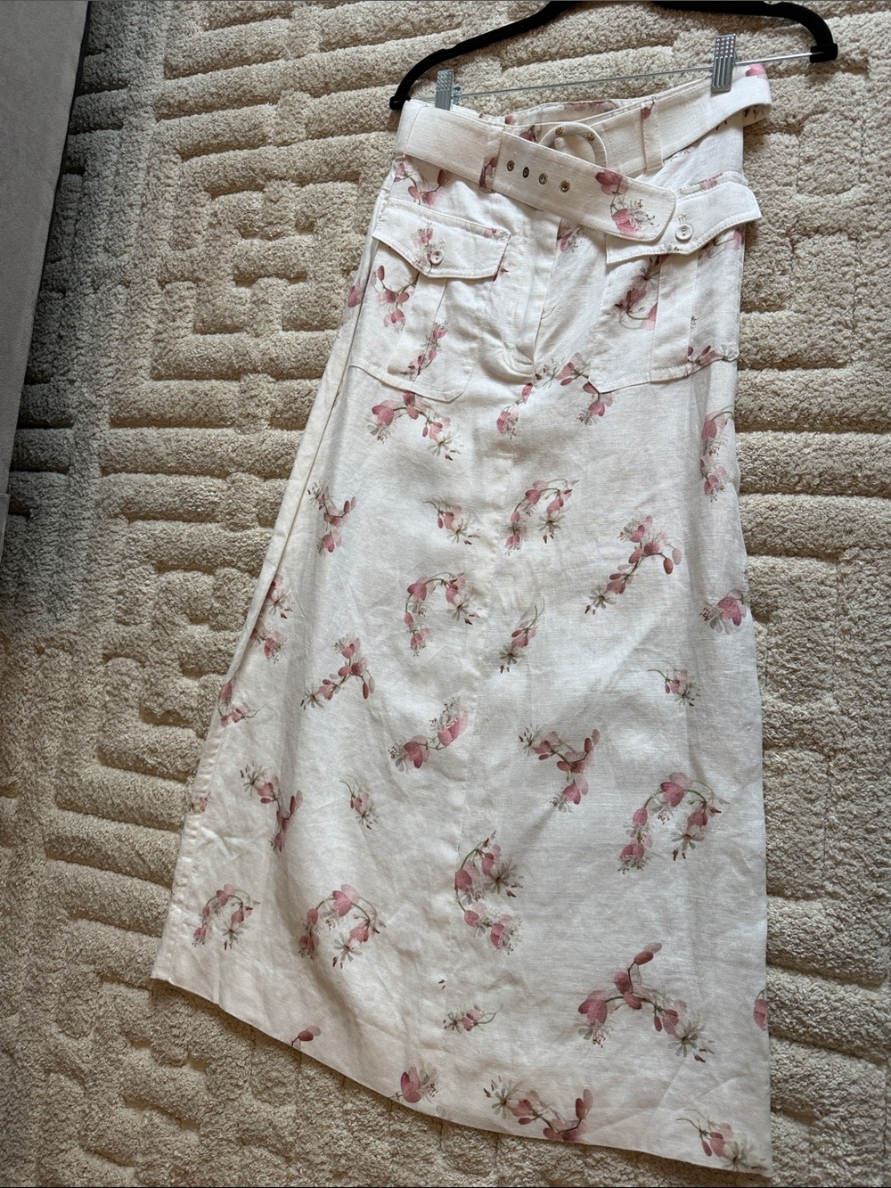 Floral White Midi Skirt with Belt